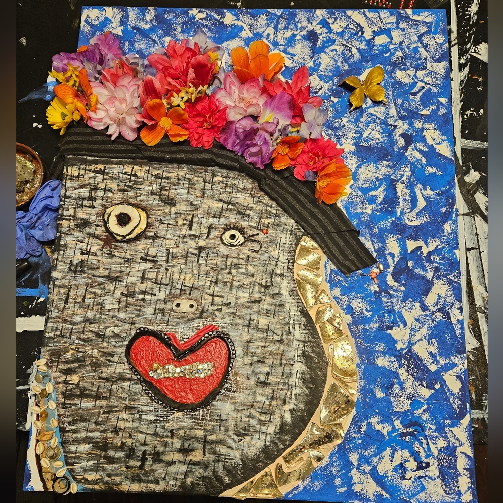 Abstract painting mixed media glass and gold rose, blue sapphire. 💰